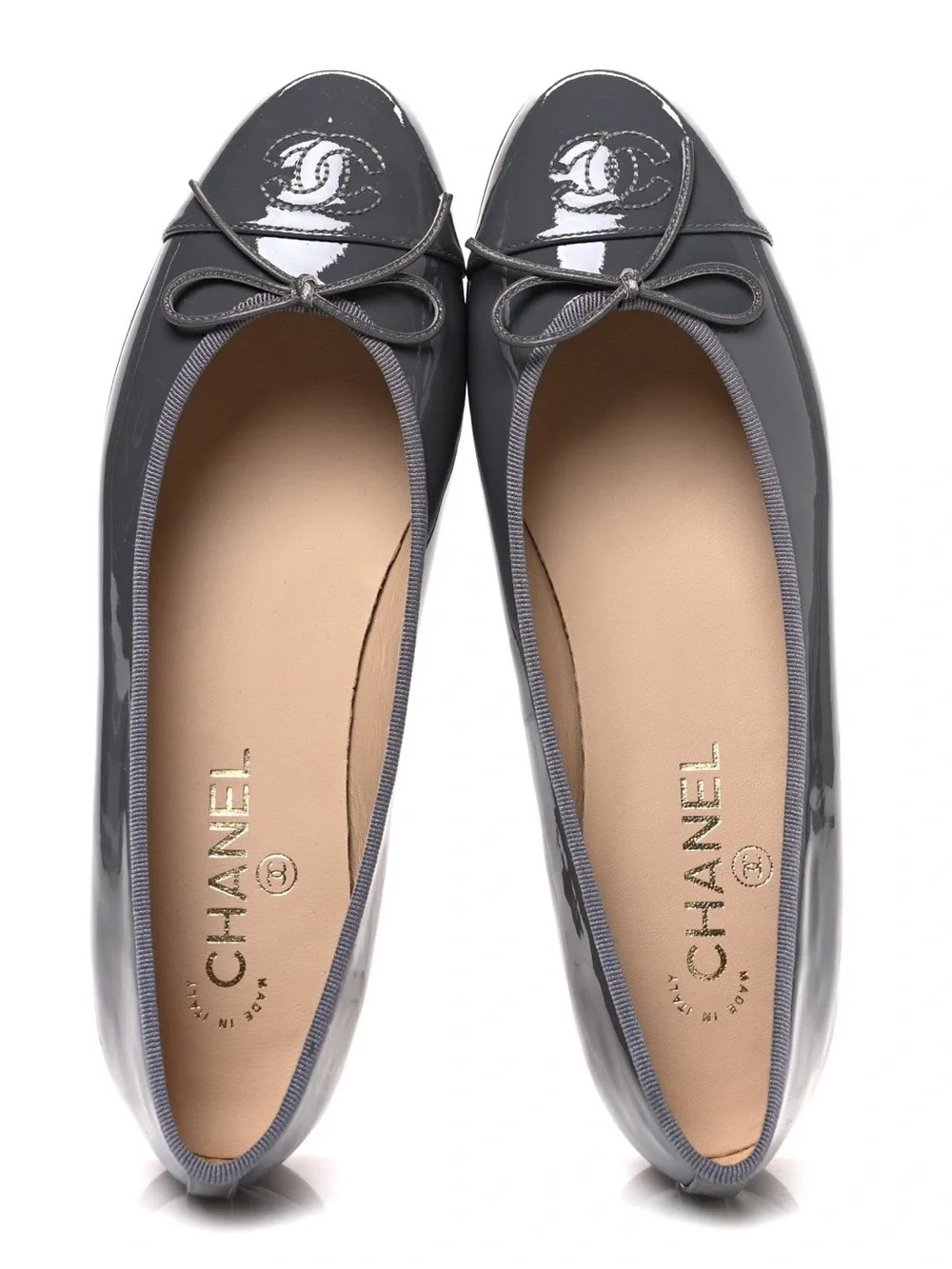 CHANEL Patent Calfskin Leather Ballerina ballet Flats Quilted Toe Authentic 38.5